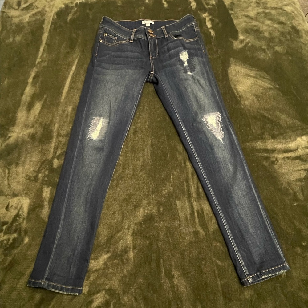New York & Company Dark Blue Distressed Skinny Jeans